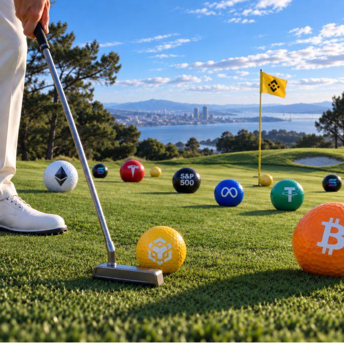 A surreal golf scene shows a putter and various cryptocurrency-branded golf balls (including Bitcoin, Ethereum, Solana, and others) on a green overlooking a city skyline.