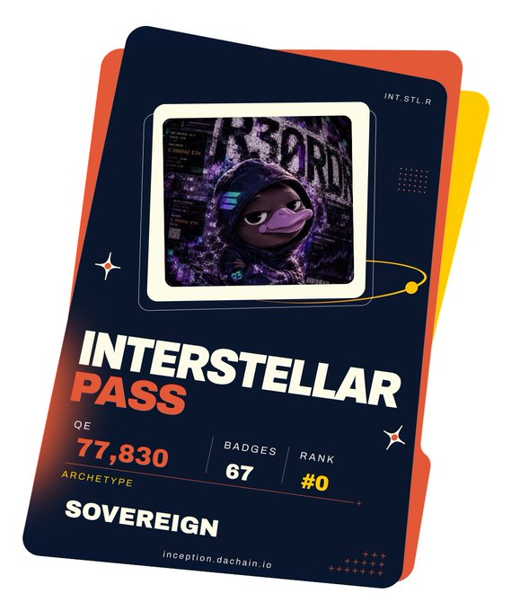 A digital collectible card titled 'INTERSTELLAR PASS' featuring a cartoon character in a hoodie, showing stats: QE 77,830, Badges 67, Rank #0, archetype Sovereign, with the website inception.dachain.io.
