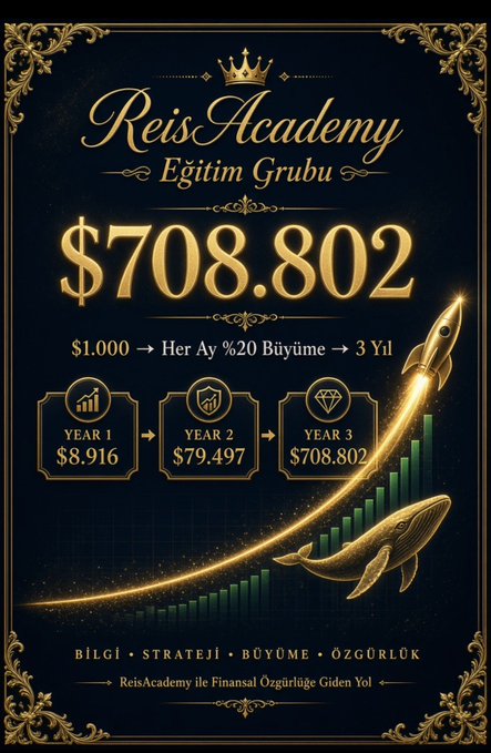 A luxurious dark blue and gold promotional graphic for "Reis Academy Eğitim Grubu" showcases the power of compound returns, displaying a $1,000 investment growing at 20% annually to reach $708,802 over three years, with a glowing rocket and whale illustration symbolizing financial growth alongside Turkish words for knowledge, strategy, growth, and freedom.