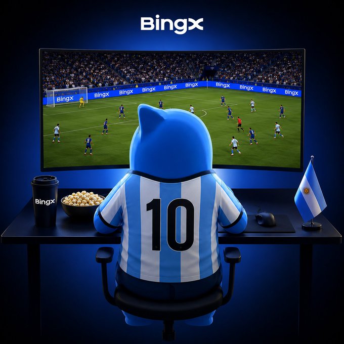 BingX promotional image featuring a blue cat mascot wearing an Argentina #10 Messi jersey watching a soccer match on a curved monitor, with BingX branding and an Argentine flag on the desk.