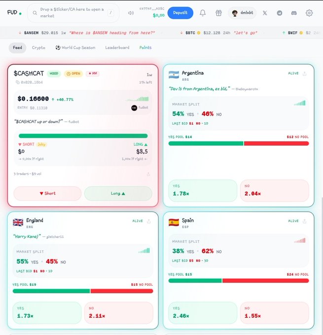 A prediction market platform showing various markets including $CASHCAT, Argentina, England, and Spain, with YES/NO market splits and odds displayed for each.
