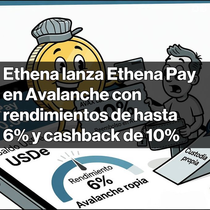 An illustrated graphic in Spanish announcing 'Ethena lanza Ethena Pay en Avalanche con rendimientos de hasta 6% y cashback de 10%' with cartoon coin characters and a gauge showing 'Rendimiento 6%'.