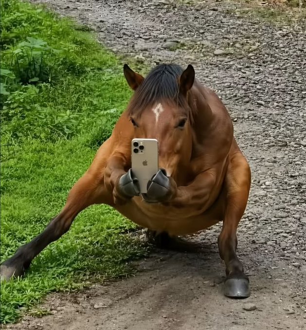 A brown horse kneeling on a dirt path, holding a gold iPhone with both hooves up to its face as if taking a selfie.
