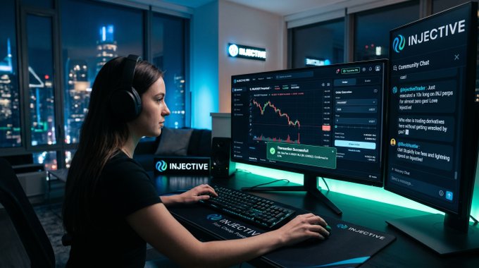 The image shows a woman sitting at her desk, wearing headphones and using a keyboard while looking at two computer monitors displaying stock market data. The screens are lit up with information about trading options and fees for GM @injective. The woman appears focused on the task at hand, possibly analyzing the stock market trends or making investment decisions based on the displayed data.