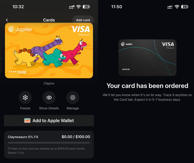 Two mobile screenshots showing a Jupiter Visa Platinum card interface with colorful dinosaur illustrations on the left, and a confirmation message 'Your card has been ordered' with delivery information on the right.