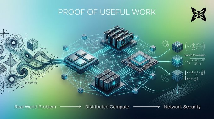 A digital graphic illustrates 'PROOF OF USEFUL WORK' with 'Real World Problem', 'Distributed Compute', and 'Network Security' blocks connected by data streams.