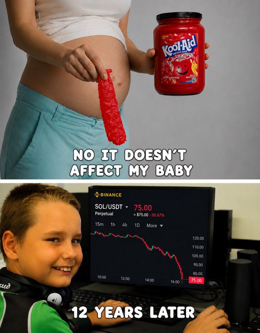The image shows a young boy sitting at a desk with a computer monitor, keyboard, mouse, and a jar of Kool-Aid behind him. The jar contains a red label that says "Kool-Aid Pineapples". A humorous caption is displayed below the photo, comparing the boy to a future generation of stock traders due to his involvement in the "Kool-Aid Pineapples" company.