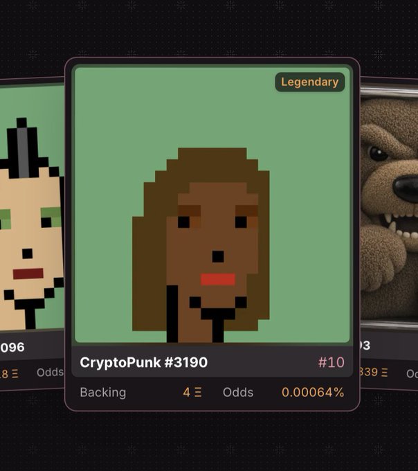 A digital trading card interface displaying CryptoPunk #3190, labeled as 'Legendary' with a backing of 4 and odds of 0.00064%, alongside partial views of other punk cards.
