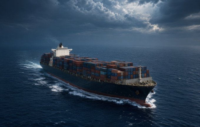A large container ship loaded with colorful shipping containers sails through dark ocean waters under a dramatic, cloudy sky.