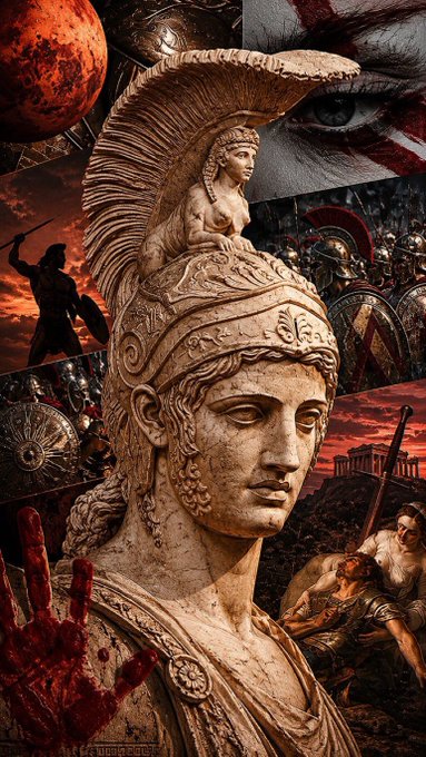 A dramatic digital collage featuring a central classical statue of Athena's head, surrounded by collaged imagery including a bloody handprint, Spartans, Mars, and ancient Greek warriors.