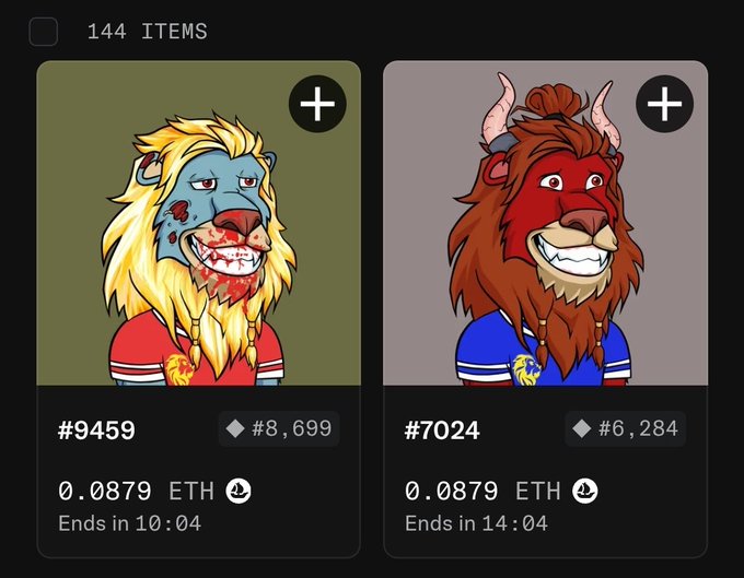 A digital marketplace displaying two NFT-style lion mascots (#9459 in red, #7024 in blue) priced at 0.0879 ETH each, with "144 ITEMS" at the top.