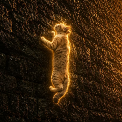 A kitten clings vertically to a stone wall, surrounded by a glowing golden aura that highlights its silhouette against the dark bricks.
