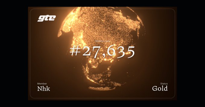 A digital membership card with a golden globe graphic displaying member number '#27,635' for a user named 'Nhk' with a 'Gold' status, featuring the 'gte' logo in the top left.
