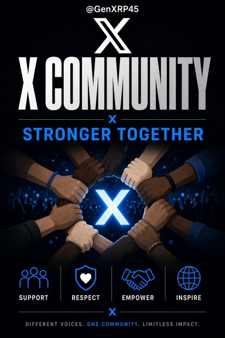 A bold community poster featuring the X logo with the text "X COMMUNITY - STRONGER TOGETHER," showcasing diverse hands joined in unity above four core values: Support, Respect, Empower, Inspire, with the tagline "Different Voices. One Community. Limitless Impact." The image visually reinforces the post's message about generosity and paying it forward within the X community, emphasizing that helping each other creates a stronger, more connected network.
