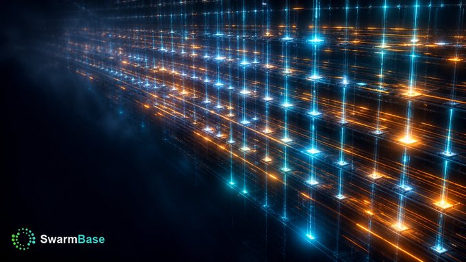 A digital art piece displaying a grid of glowing blue and orange lights extending into perspective, with the 'SwarmBase' logo in the bottom left corner.