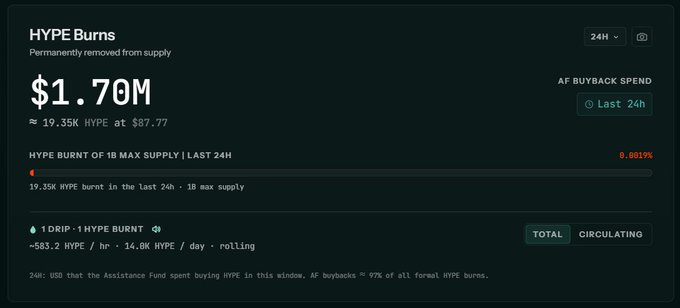 A financial dashboard displaying HYPE Burns data showing '$1.70M' permanently removed from supply, with metrics including 'AF BUYBACK SPEND Last 24h' and 'HYPE BURNT OF 1B MAX SUPPLY' at 0.0019%.