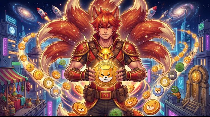 Anime-style artwork of a character with fox features and multiple tails, surrounded by floating Doge and Shiba Inu coins, holding a 'KamiCoin' token in a cyberpunk city setting.