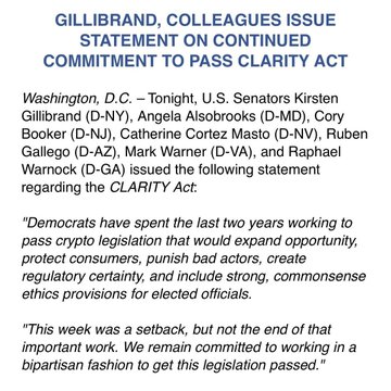 A press release titled 'GILLIBRAND, COLLEAGUES ISSUE STATEMENT ON CONTINUED COMMITMENT TO PASS CLARITY ACT' from Washington, D.C., featuring quotes from Senators Kirsten Gillibrand, Angela Alsobrooks, Cory Booker, Catherine Cortez Masto, Ruben Gallego, Mark Warner, and Raphael Warnock regarding the CLARITY Act.