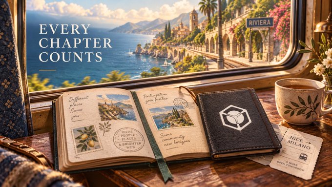 An advertisement displays an open travel journal on a wooden table beside a train window showing a Mediterranean coastal town, with the text 'EVERY CHAPTER COUNTS' and a 'RIVIERA' sign visible outside.