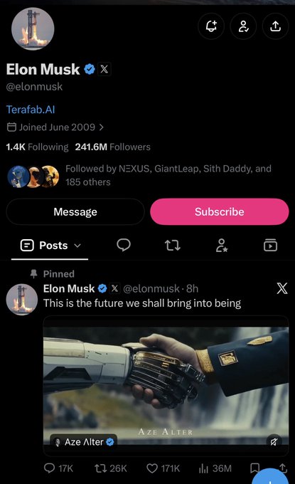 A screenshot of Elon Musk's X profile (@elonmusk) showing 241.6M followers, with his pinned post reading "This is the future we shall bring into being" alongside an AI-generated image of a robotic and human hand touching (attributed to "Aze Alter"), gaining 17K replies, 26K reposts, 17.1K likes, and 36M views in 8 hours—visually illustrating the "Age of Beyond" theme through a symbolic meeting of human and machine.