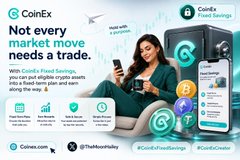 A CoinEx advertisement stating 'Not every market move needs a trade.' highlighting 'CoinEx Fixed Savings' and 'CoinEx Smart Earn' features with a young woman on a sofa.