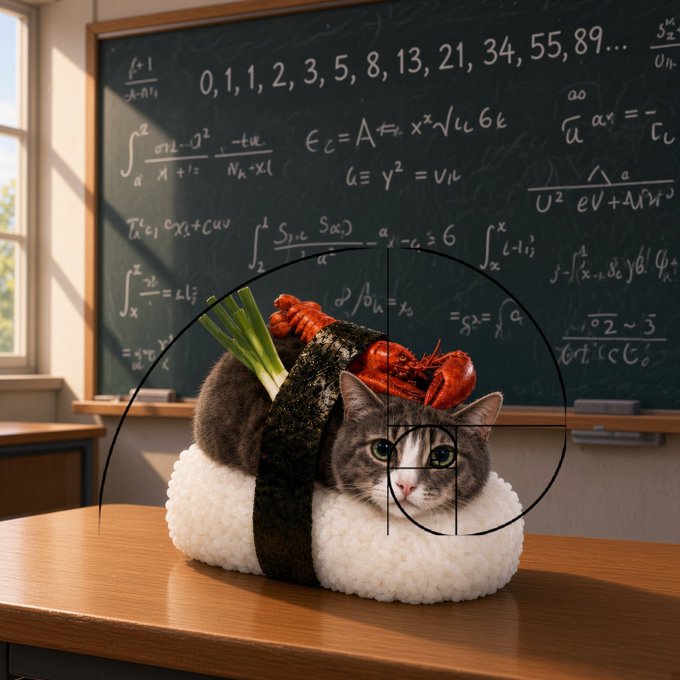 A gray and white cat sits inside a sushi-shaped plush toy on a wooden desk, overlaid with a golden ratio spiral and fibonacci sequence on a chalkboard background covered in mathematical equations.
