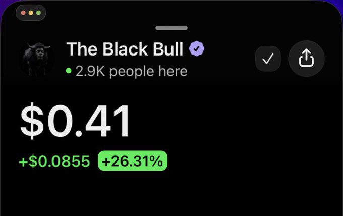 A dark-themed Phantom wallet interface for 'The Black Bull' showing a price of $0.41, up +$0.0855 (+26.31%), with 2.9K people online.