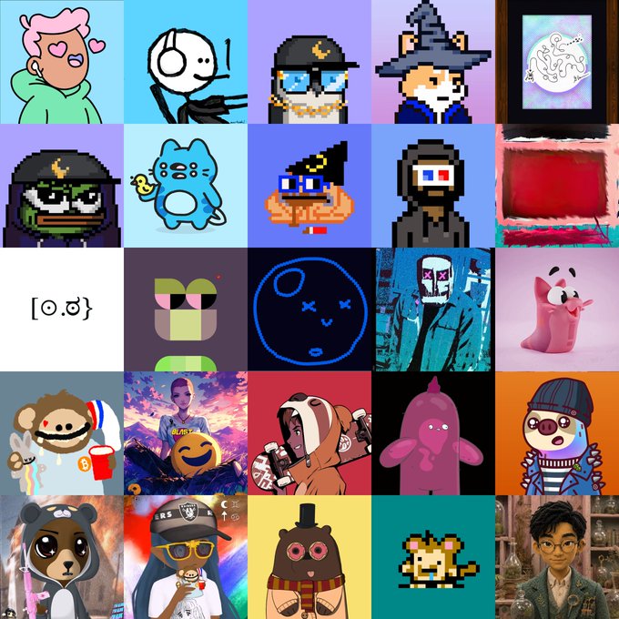 A grid collage of 25 various NFT-style profile pictures (PFPs) featuring diverse digital art styles, characters, and creatures.