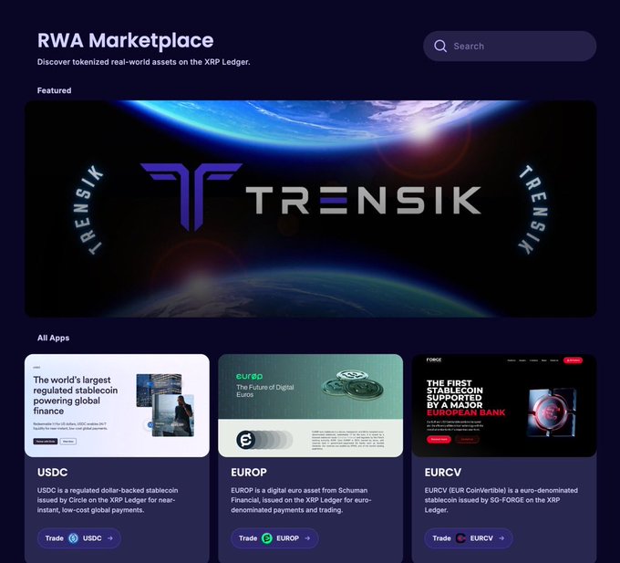 The image shows the "RWA Marketplace" homepage, featuring tokenized real-world assets on the XRP Ledger, including a featured Trensik banner and apps like USDC, EUROP (from Schuman Financial), and EURCV (by SG-FORGE). This relates to the post by showcasing how the XRP Ledger is being used as a platform for tokenized assets—including stablecoins and euro-denominated tokens—that enable Chinese and Russian investors to access foreign financial exposure through decentralized exchanges, bypassing capital controls.
