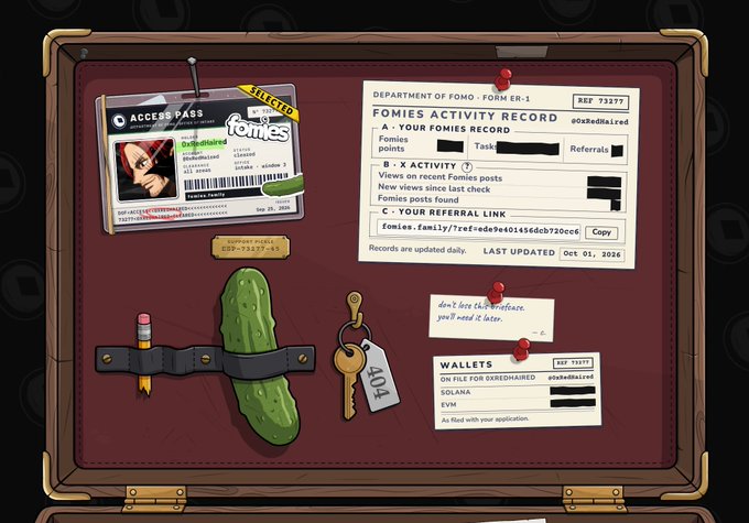 An illustrated bulletin board from what appears to be the 'Department of Fomo' showing a 'FOMIES ACTIVITY RECORD' with an 'ACCESS PASS', referral links, and cryptocurrency wallets listed as 'ON FILE FOR DXREDHAIRED' including Solana and EVM, with a pickle and key labeled '404'.