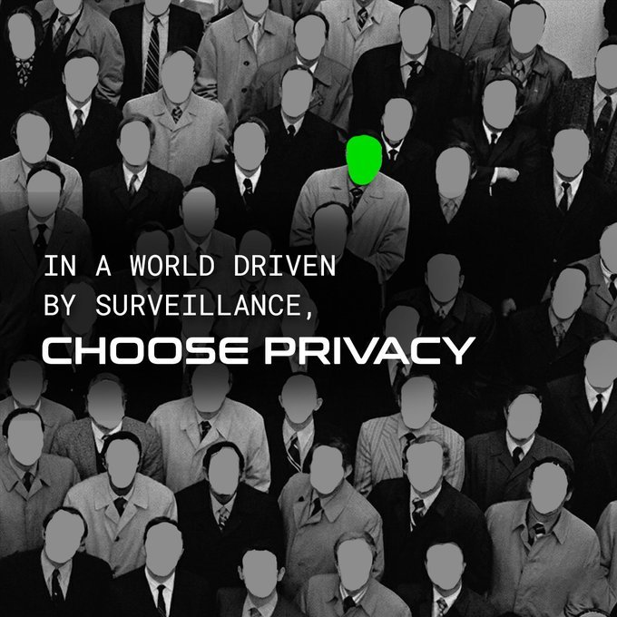 A privacy advocacy graphic showing a crowd of gray silhouettes with one green highlighted figure, overlaid with text 'IN A WORLD DRIVEN BY SURVEILLANCE, CHOOSE PRIVACY'.