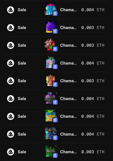 A screenshot of a cryptocurrency NFT marketplace listing showing multiple 'Chama...' items for sale at prices of 0.003-0.004 ETH.