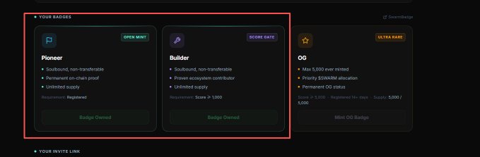 The image highlights two mintable soulbound badges—"Pioneer" (Open Mint) and "Builder" (Score Gate, Score ≥ 1,000)—in the "Your Badges" section, while the "OG" badge is marked as Ultra Rare and requires 5,000 points to mint. This aligns with the SwarmBase TGE announcement, encouraging users to mint the available Pioneer and Builder badges before the 19th to start accumulating their on-chain credentials.