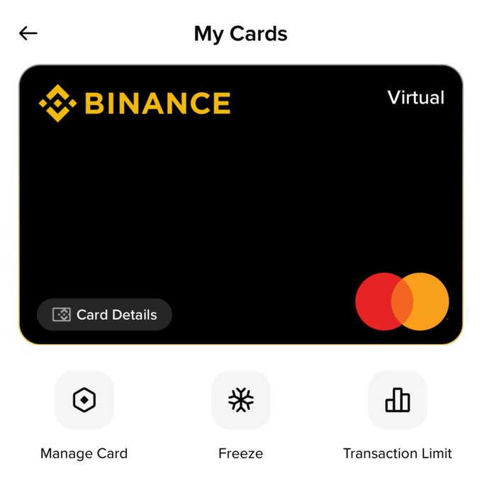 The image displays a "My Cards" screen featuring a black Binance virtual Mastercard with the Binance logo and Mastercard's interlocking circles, along with a "Card Details" button and three management options below: Manage Card, Freeze, and Transaction Limit, illustrating the cryptocurrency payment card referenced in the post about using crypto for everyday spending.