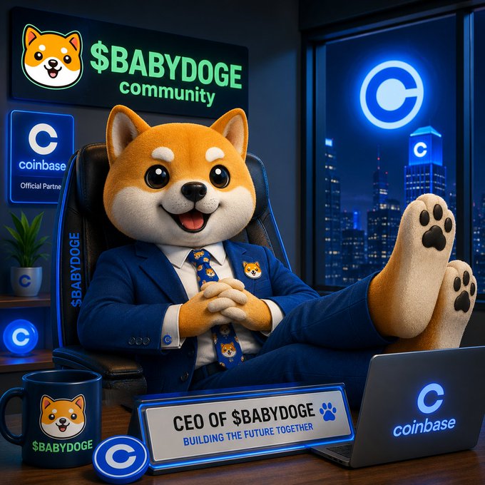 An AI-generated promotional image of an anthropomorphic Shiba Inu dog in a blue business suit acting as CEO of $BABYDOGE, with "coinbase" branding and a city skyline backdrop.