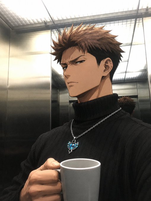 An anime illustration depicts a muscular man with spiky brown hair wearing a black turtleneck and a blue crystal pendant, holding a white coffee mug inside an elevator.