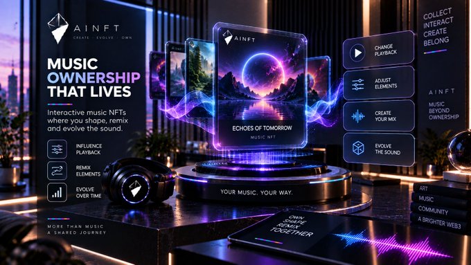 A promotional graphic for AINFT Music NFTs with text 'MUSIC OWNERSHIP THAT LIVES' and features like 'CHANGE PLAYBACK', 'ADJUST ELEMENTS', 'CREATE YOUR MIX', and 'EVOLVE THE SOUND', showing a digital display of 'Echoes of Tomorrow' alongside headphones.