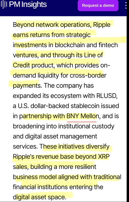 The image shows a screenshot of an email or text message with yellow text, which appears to be from PM Insights. The message contains information about Ripple, a cryptocurrency that does not rely on selling XRP (XRP) to fund its operations. This is important because it highlights Ripple's unique business model and how it operates without the need for traditional currency trading.