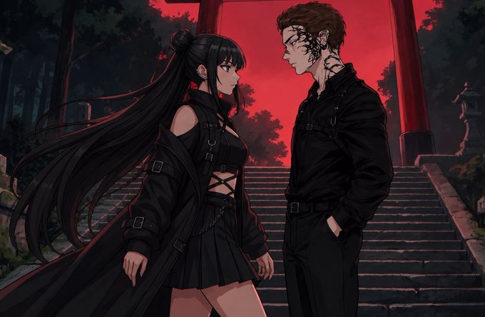An anime-style illustration showing two figures in dark clothing standing face-to-face at the bottom of stone stairs, set against a striking red sky and dark forest backdrop.