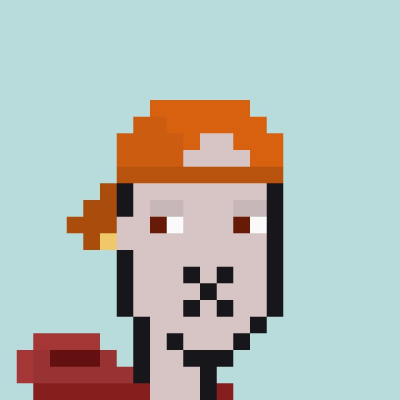 A pixel art portrait of a man with dark hair, a beard, and a distinctive orange backward baseball cap on a light blue background.