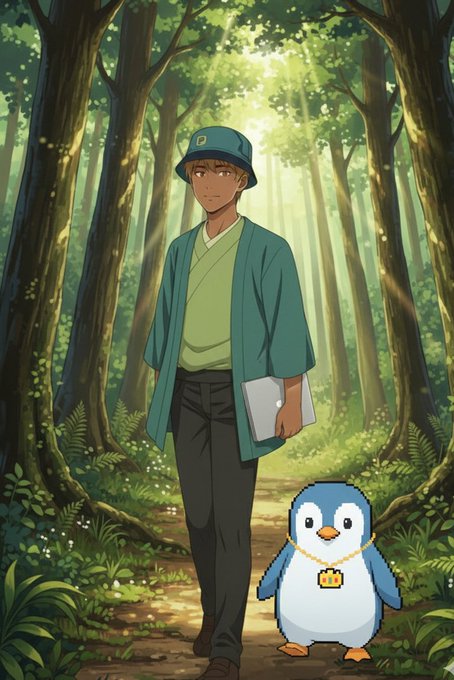 An anime-style illustration shows a man in a green robe and blue cap walking through a sunlit forest alongside a small blue penguin wearing a gold chain with an 'ADA' pendant.