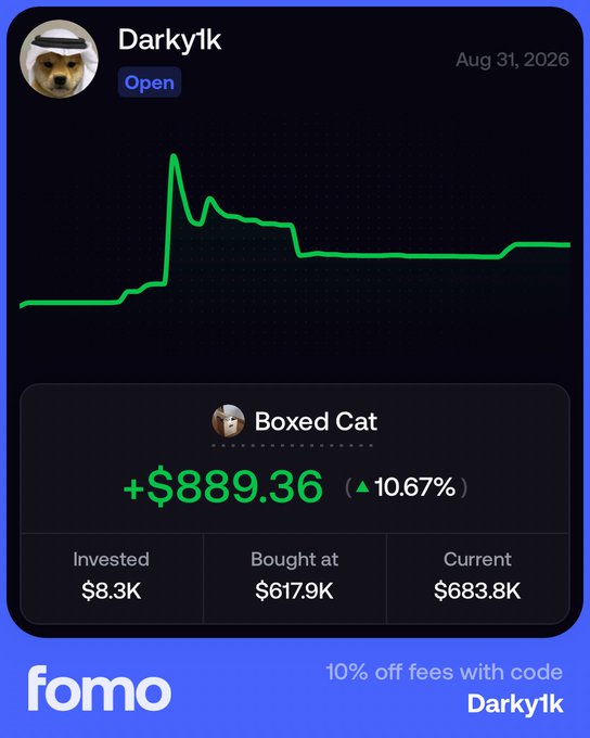 The image shows a trading card for user "Darky1k" displaying a price chart for "Boxed Cat" with a 10.67% gain (+$889.36), an entry price of $617.9K against a current price of $683.8K on an $8.3K investment. The chart visualizes the sharp pump-and-consolidation pattern of the token, aligning with the post's bullish sentiment about pushing toward a seven-figure valuation and identifying it as a potential 100M market cap ticker.