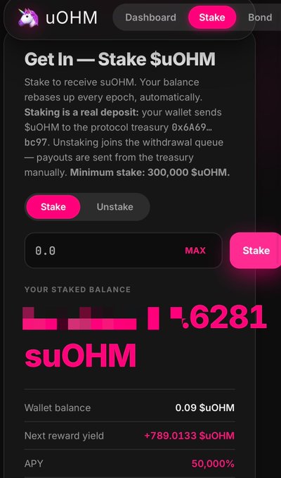 A mobile app screen for uOHM shows a staking interface with an extremely high APY of 50,000% and a staked balance of 0.00046281 $uOHM.