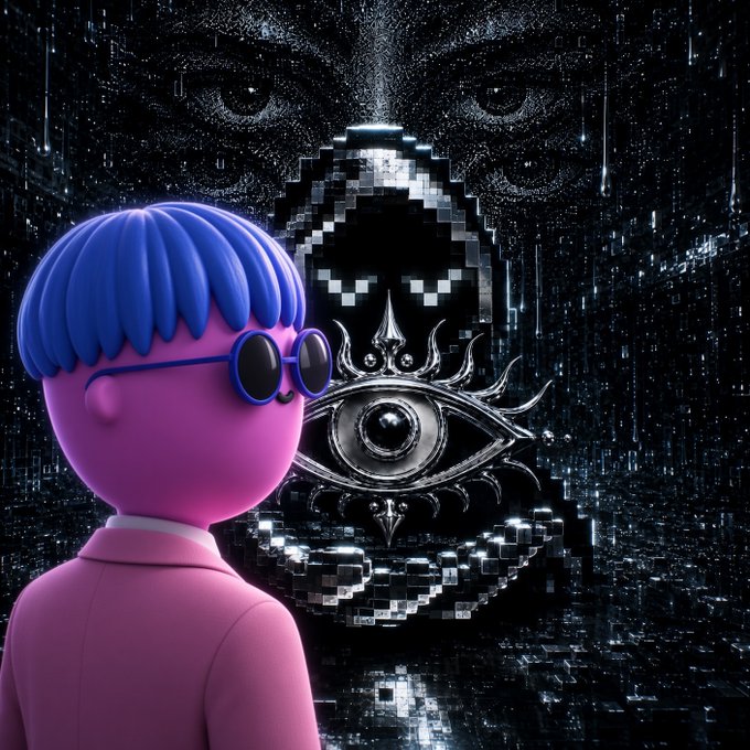 A 3D-rendered pink figure with blue hair and round sunglasses faces a dark, surreal digital landscape featuring a pixelated skull with an eye emblem and a giant face in the background.