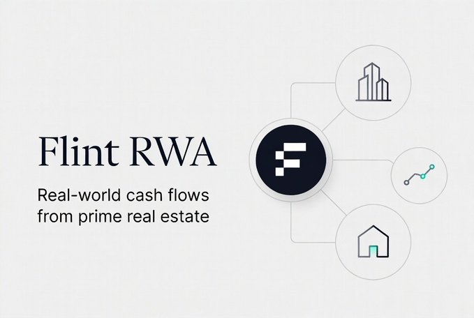 Promotional graphic for 'Flint RWA' with the tagline 'Real-world cash flows from prime real estate' alongside an 'F' logo and icons representing buildings, charts, and homes.