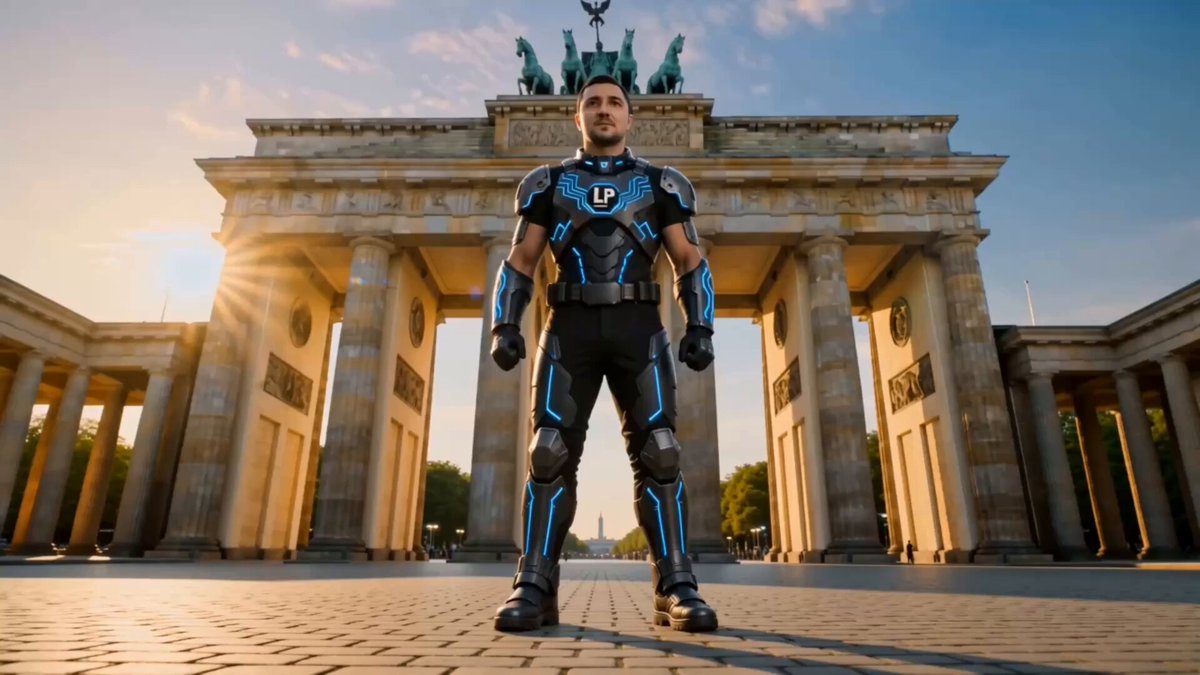 The image features a man dressed in a blue suit standing in front of the Berlin Brandenburg Gate, which is an iconic landmark located in Berlin, Germany. The man appears to be posing for a photo or attending a conference related to cryptocurrency. The sun is shining brightly over the scene, creating a warm and inviting atmosphere.
