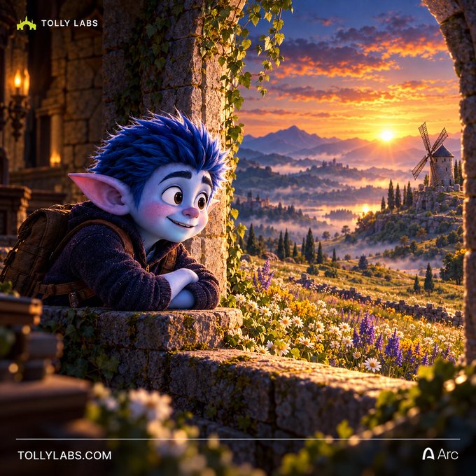 A blue-haired, pointy-eared animated character gazes out from a stone tower window at a picturesque sunset landscape featuring rolling hills, wildflowers, and a distant windmill, with "TOLLY LABS" and "TOLLYLABS.COM" watermarks alongside the "Arc" logo—evoking the scrappy, day-one builder spirit behind $TOLLY.