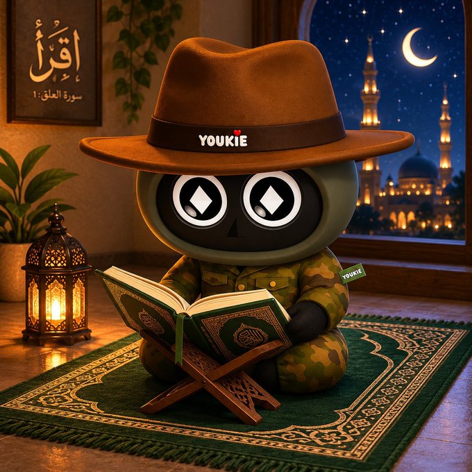 A 3D-rendered character wearing a brown 'YOUKIE' branded hat and camouflage outfit, sitting on a prayer rug reading the Quran in a room with Islamic calligraphy, lanterns, and a night view of a mosque through the window.