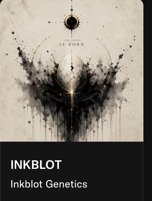 A black and white photo of a poster for the album Inkblot Genetics by the artist Inkblot. The poster features an illustration of a black bird with gold accents, surrounded by a black background speckled with gold stars. The text on the poster reads "@InkgeneticsNFT minted out super fast. I noticed these early and posted in @DVDATheCult & @IGPradeep got us ehitelist spots."