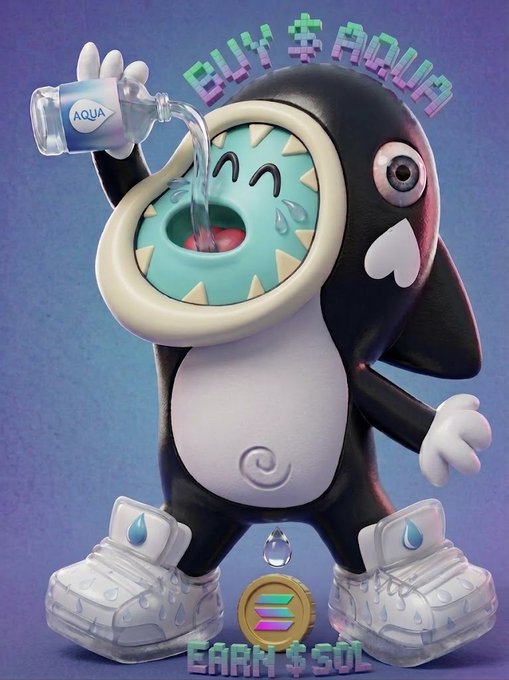 A 3D illustration of a black and white penguin-like mascot pouring an AQUA water bottle into its open mouth, with text reading "BUY $AQUA" at the top and "EARN $SOL" at the bottom.